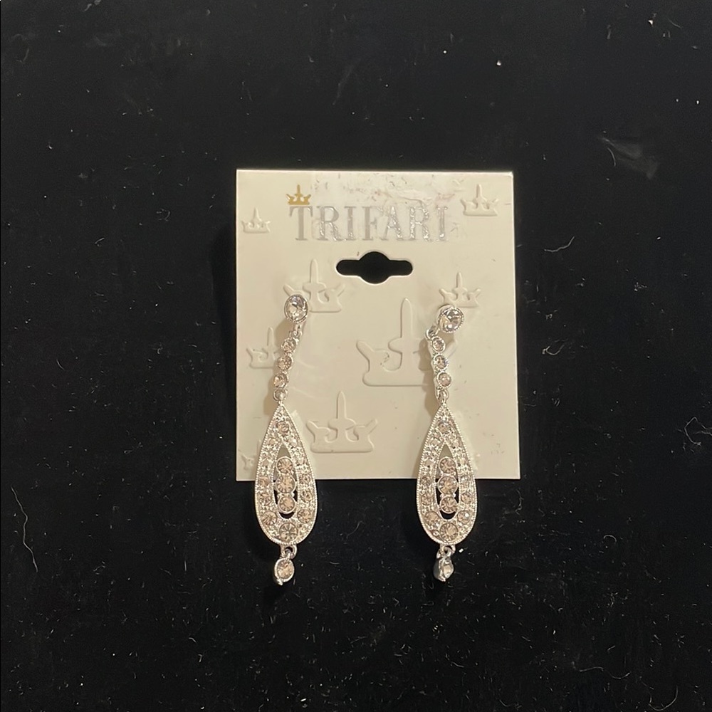 Trifari Silver Dangle Earrings with Rhinestone Embellishments